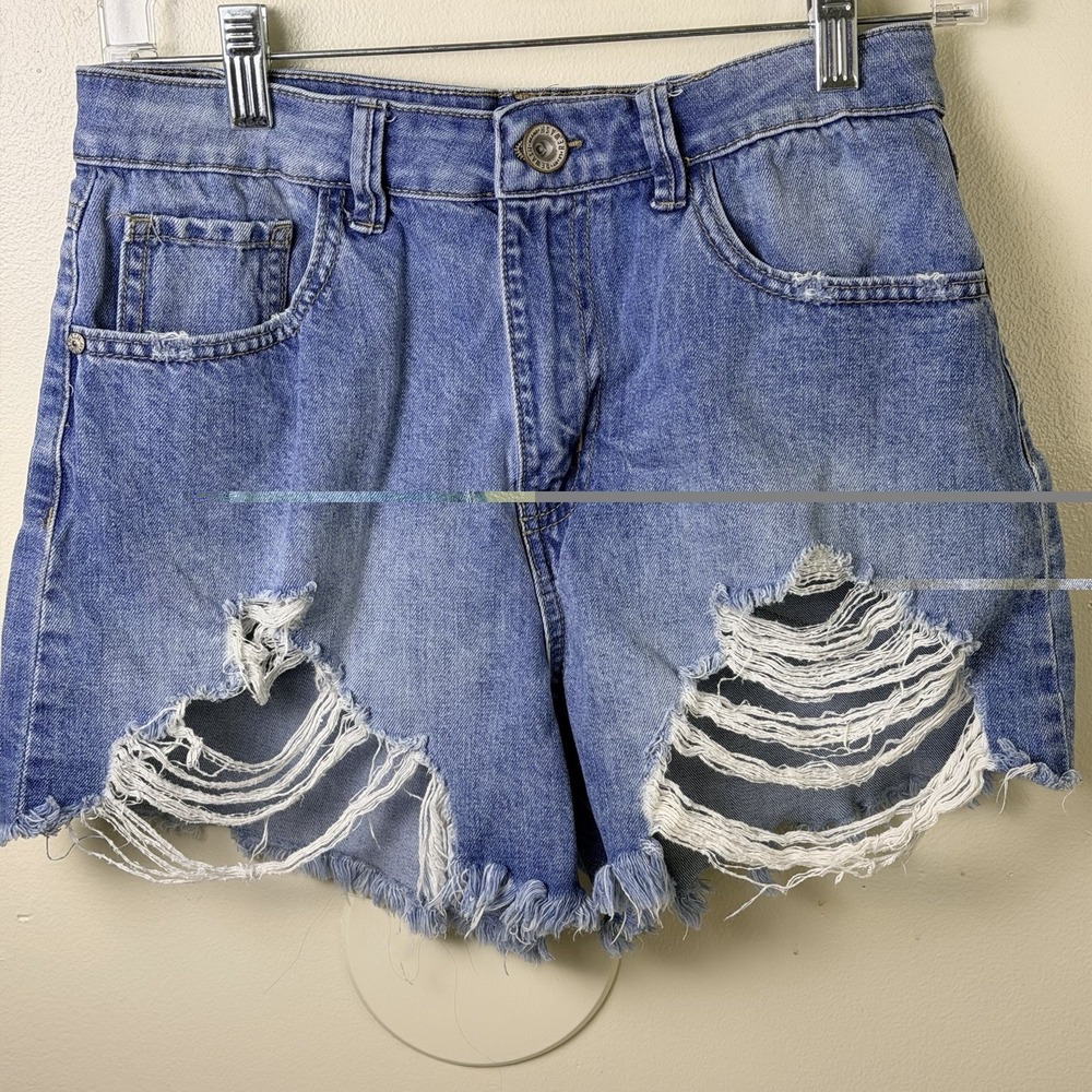 NY REWASH Jean Shorts Size 5/27 SUPER HIGH RISE Blue Denim Torn Fray Women's
